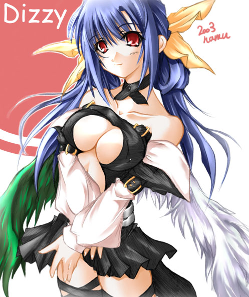 hamu (moeyobaka), dizzy (guilty gear), arc system works, guilty gear, guilty gear x, guilty gear xx, 1girl, asymmetrical wings, blue hair, breasts, female focus, large breasts, long sleeves, red eyes, solo, tail, wings