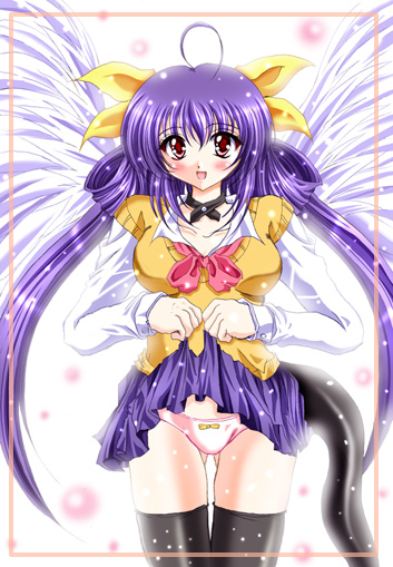 dizzy (guilty gear), arc system works, guilty gear, 1girl, black thighhighs, bow, bow panties, bowtie, choker, clothes lift, dress shirt, female focus, hair bow, panties, pink bow, pink panties, purple hair, red eyes, school uniform, serafuku, shirt, skirt, skirt lift, solo, standing, sweater, sweater vest, thigh gap, thighhighs, thighs, twintails, underwear, vest, wings