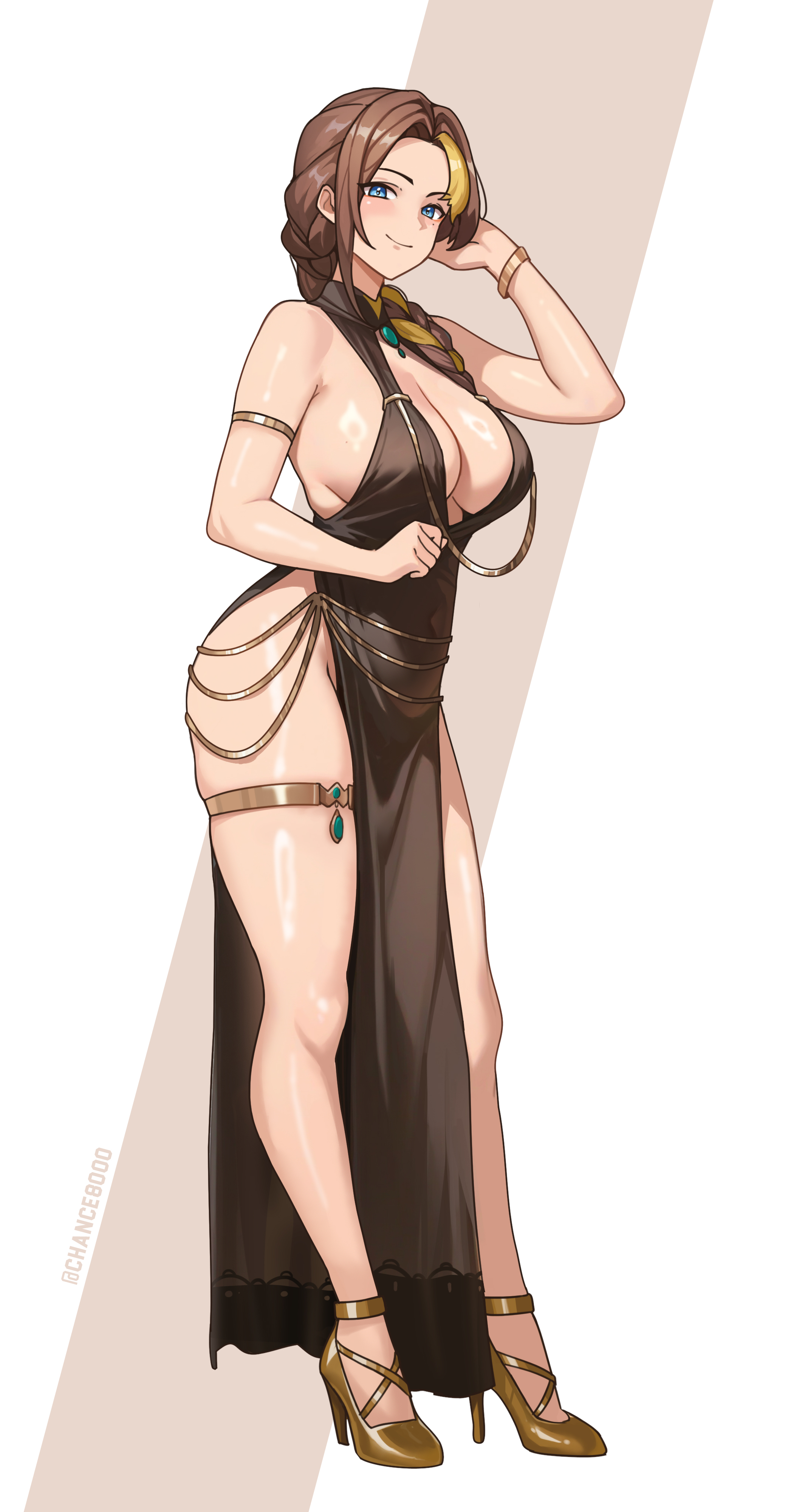 chance8000, original, gold armlet, absurdres, highres, 1girl, armlet, armpit crease, backless dress, backless outfit, bare hips, bare legs, bare shoulders, blonde hair, blue eyes, bracelet, braid, breasts, brown hair, chain, clenched hand, curtained hair, dress, evening gown, full body, gold bracelet, gold thighlet, groin, halter dress, halterneck, hand on own head, high heels, highleg, highleg dress, jewelry, large breasts, legs, long hair, looking at viewer, multicolored hair, pelvic curtain, shiny skin, side slit, single braid, smile, solo, stiletto heels, tachi-e, thick thighs, thighlet, thighs, two-tone hair