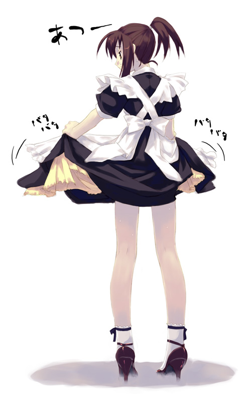 murakami suigun, black eyes, black hair, clothes lift, lifting own clothes, maid, pantyhose, skirt, skirt hold, skirt lift, socks, solo, white pantyhose