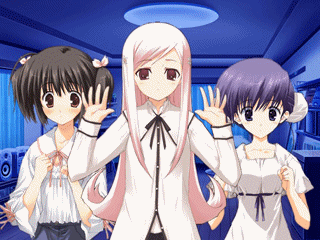 kawata hisashi, mitsumi misato, nakamura takeshi, himeyuri sango, lucy maria misora, yuzuhara konomi, to heart (series), to heart 2, lights, animated, animated gif, game cg, lowres, 00s, 3girls, :d, o/, ^ ^, ahoge, arms up, black hair, black ribbon, blouse, blue eyes, blue hair, blue ribbon, blue shorts, blush, breasts, bun cover, buttons, ceiling, chair, chest of drawers, clenched hands, closed eyes, closed mouth, collarbone, cowboy shot, curtains, dark, double bun, dress, expressionless, flipped hair, hair bun, hair ornament, hair ribbon, hairclip, hands up, happy, indoors, long hair, long sleeves, looking at viewer, multiple girls, open mouth, outstretched arms, pink eyes, pink hair, pink ribbon, purple eyes, qvga, ribbon, ribbon-trimmed dress, ribbon trim, shirt, short hair, short sleeves, short twintails, shorts, sidelocks, small breasts, smile, standing, stereo, sundress, swept bangs, table, turtleneck, twintails, very long hair, white dress, white shirt, wide sleeves, wooden floor