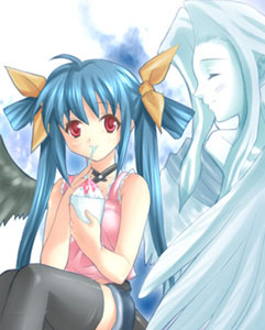 dizzy (guilty gear), undine (guilty gear), arc system works, guilty gear, lowres, 1girl, ahoge, asymmetrical wings, blue hair, camisole, choker, denim, denim shorts, dessert, eating, female focus, food, hair ribbon, long hair, red eyes, ribbon, shorts, sitting, solo, tail, thighhighs, twintails, wings, zettai ryouiki