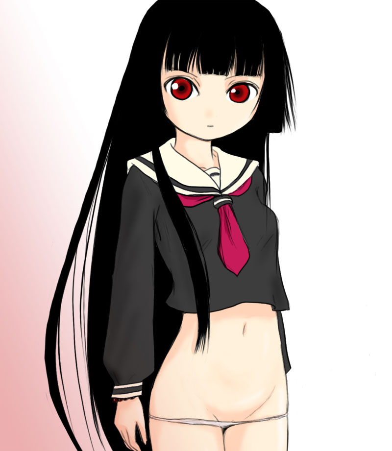 yuuichi (tareme paradise), enma ai, jigoku shoujo, 00s, 1girl, black hair, black serafuku, blunt bangs, bottomless, female focus, hime cut, long hair, lowleg, lowleg panties, no pants, panties, red eyes, school uniform, serafuku, solo, standing, underwear, very long hair, white panties