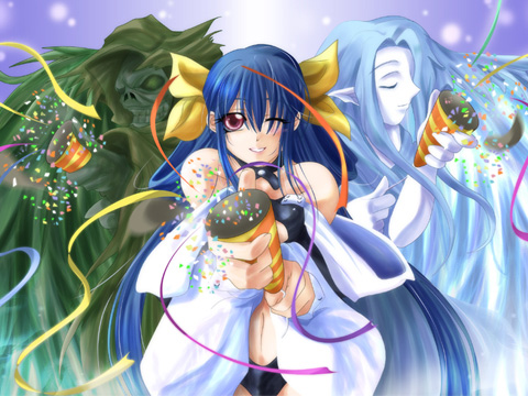 dizzy (guilty gear), necro (guilty gear), undine (guilty gear), arc system works, guilty gear, lowres, 1girl, :d, asymmetrical wings, birthday, blue hair, choker, long hair, one eye closed, open mouth, pointy ears, purple eyes, skull, smile, twintails, wings, wink