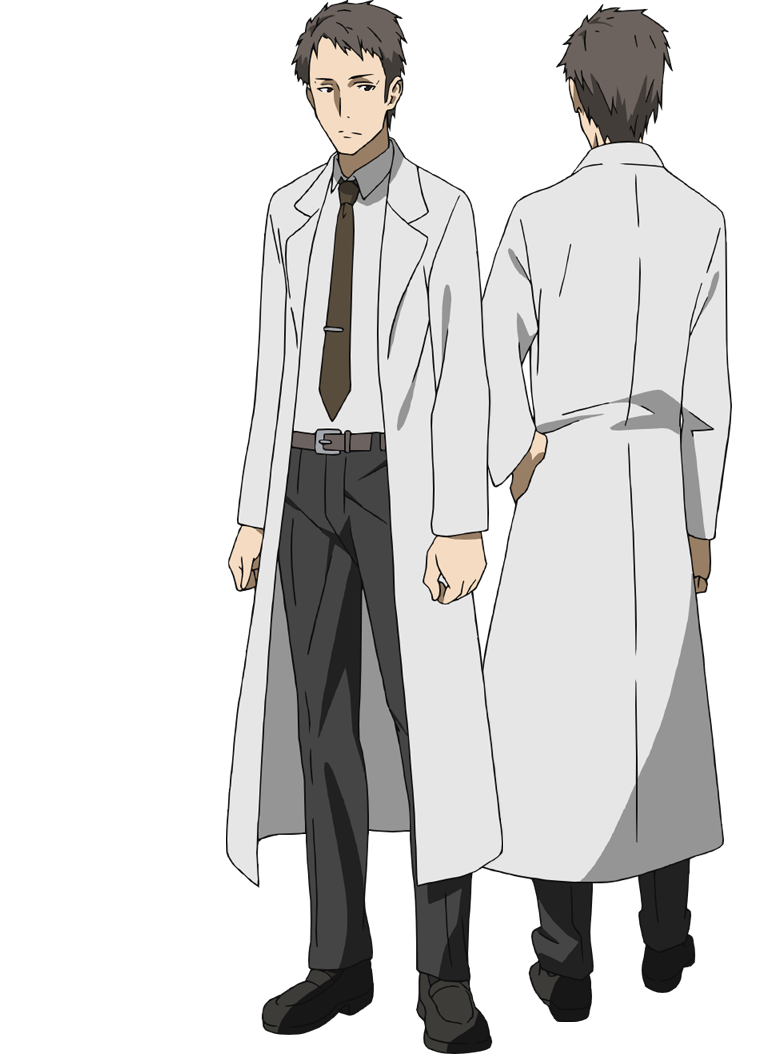 adachi shingo, kayaba akihiko, sword art online, official art, 2boys, anime coloring, back, belt, black eyes, black shoes, brown necktie, closed mouth, coat, collared shirt, dress shoes, from behind, full body, grey belt, grey pants, hand on own hip, long sleeves, looking at viewer, multiple boys, multiple views, necktie, open clothes, open coat, pants, shirt, shoes, short hair, simple background, standing, transparent background, very short hair, white coat, white shirt