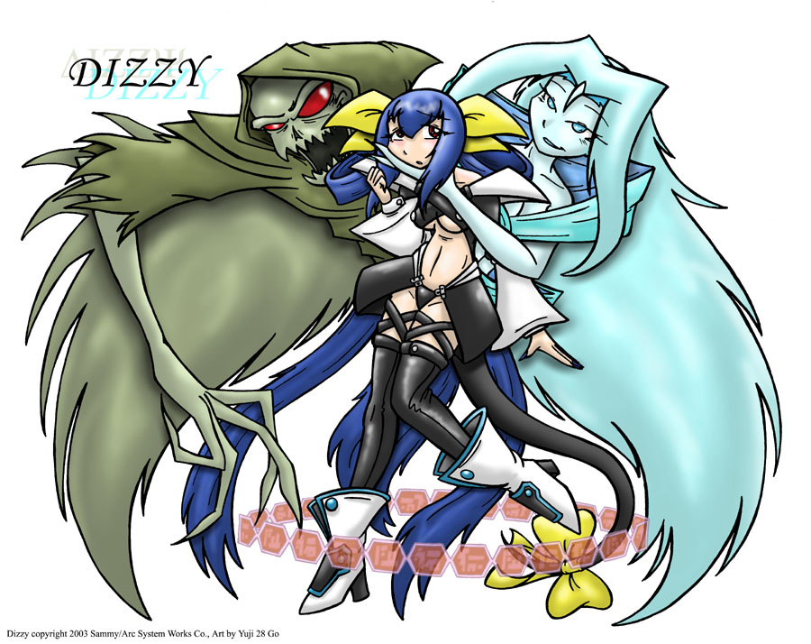 yuji 28 go, dizzy (guilty gear), necro (guilty gear), undine (guilty gear), arc system works, guilty gear, 1girl, asymmetrical wings, bad anatomy, blue hair, boots, breasts, large breasts, long hair, poorly drawn, red eyes, ribbon, tail, tail ornament, tail ribbon, thighhighs, underboob, very long hair, wings