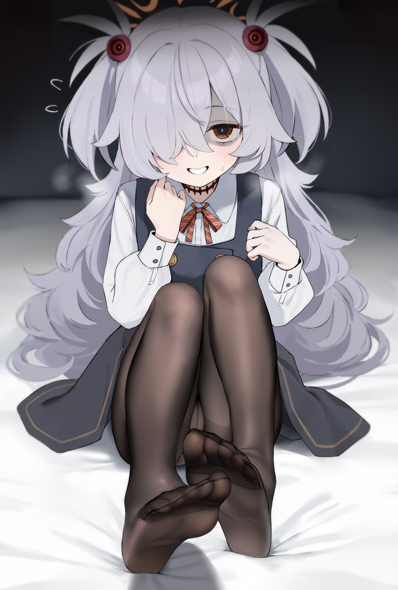 dombear, kanoe (blue archive), blue archive, fluffy hair, highres, 1girl, bags under eyes, black pantyhose, brown halo, diagonal-striped ribbon, dress, feet, foot focus, hair over one eye, halo, knees up, legs, long hair, looking at viewer, nervous smile, no shoes, panties, panties under pantyhose, pantyhose, pantyshot, pinafore dress, pink hair, scar, scar on neck, sleeveless, sleeveless dress, smile, soles, solo, sphere hair ornament, toes, two side up, underwear