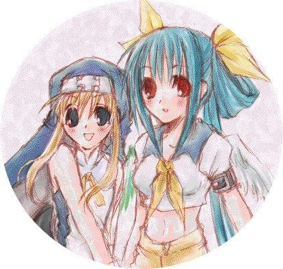 bridget (guilty gear), dizzy (guilty gear), arc system works, guilty gear, guilty gear xx, gif artifacts, lowres, 1boy, 1girl, asymmetrical wings, blonde hair, blue eyes, blue hair, blue sailor collar, chibi, red eyes, round image, sailor collar, transparent background, trap, wings