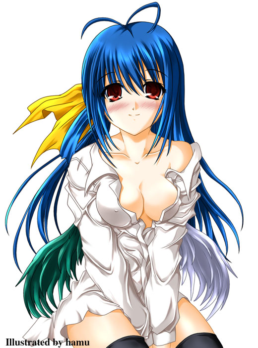 hamu (moeyobaka), dizzy (guilty gear), arc system works, guilty gear, guilty gear x, guilty gear xx, 1girl, antenna hair, asymmetrical wings, blue hair, blush, bow, breasts, cleavage, female focus, hair bow, hair ribbon, large breasts, long hair, open clothes, open shirt, red eyes, ribbon, shirt, sitting, smile, solo, thighhighs, wings