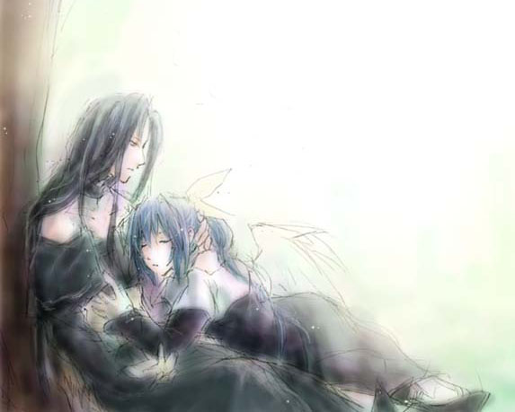 dizzy (guilty gear), testament (guilty gear), arc system works, guilty gear, 1boy, 1girl, androgynous, bare shoulders, blue eyes, blue hair, brown hair, closed eyes, collarbone, dress, hair ribbon, hetero, hug, japanese clothes, long hair, on person, ribbon, sash, sitting, wings