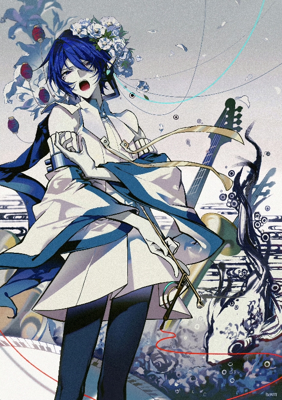 kaito (vocaloid), vocaloid, 1boy, beret cj, black pantyhose, blue eyes, blue hair, collared dress, detached sleeves, dress, falling petals, flower, gloves, hair between eyes, hair flower, hair ornament, headphones, holding, holding smoking pipe, kiseru, lantern, male focus, open mouth, pantyhose, paper lantern, petals, pleated dress, short hair, shouting, sky lantern, sleeveless, sleeveless dress, smoking pipe, solo, tearing up, teeth, upper teeth only, white dress, white gloves, wide sleeves, wing collar