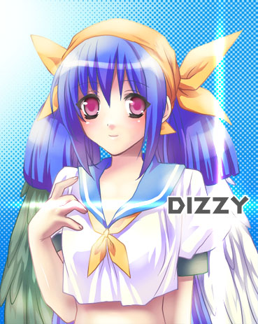 dizzy (guilty gear), arc system works, guilty gear, lowres, 1girl, asymmetrical wings, blue hair, blue sailor collar, female focus, headscarf, pirate, red eyes, sailor collar, solo, wings, yellow headscarf