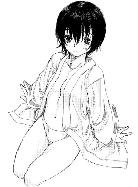 satou atsuki, greyscale, japanese clothes, monochrome, no bra, open clothes, open shirt, panties, shirt, solo, thigh gap, thighs, underwear