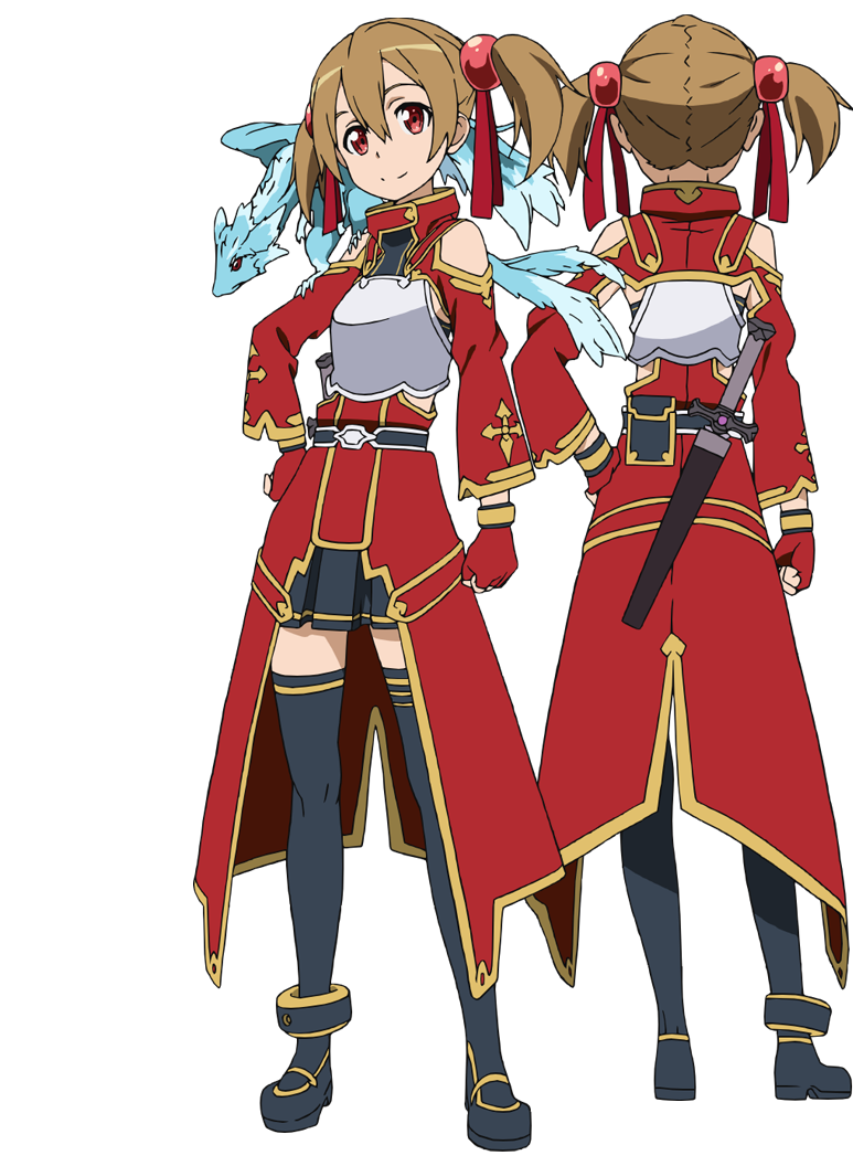 adachi shingo, silica, sword art online, official art, 2girls, anime coloring, armor, back, belt, belt pouch, black belt, black boots, black skirt, boots, breastplate, brown hair, closed mouth, clothing cutout, collared jacket, dragon, dragon on shoulder, fingerless gloves, from behind, full body, gloves, hair between eyes, hair ribbon, jacket, long sleeves, looking at viewer, multiple girls, multiple views, pleated skirt, pouch, red eyes, red gloves, red jacket, ribbon, scabbard, sheath, sheathed, short hair, short twintails, shoulder cutout, simple background, skirt, small dragon, smile, standing, sword, thigh boots, thighhighs, transparent background, twintails, weapon, wide sleeves, zettai ryouiki