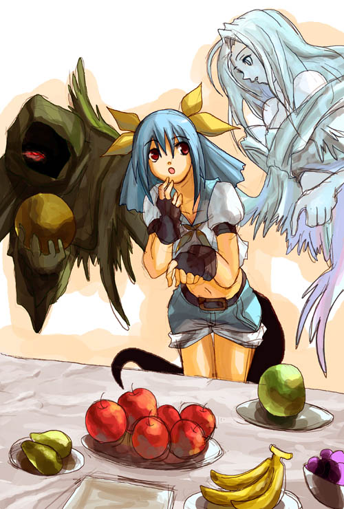 dizzy (guilty gear), necro (guilty gear), undine (guilty gear), arc system works, guilty gear, 1girl, :o, apple, asymmetrical wings, banana, belt, black gloves, blue hair, denim, denim shorts, fingerless gloves, food, fruit, gloves, glowing, glowing eye, glowing eyes, grapes, holding, midriff, pear, pirate, plate, pointing, red eyes, shorts, table, tail, wings