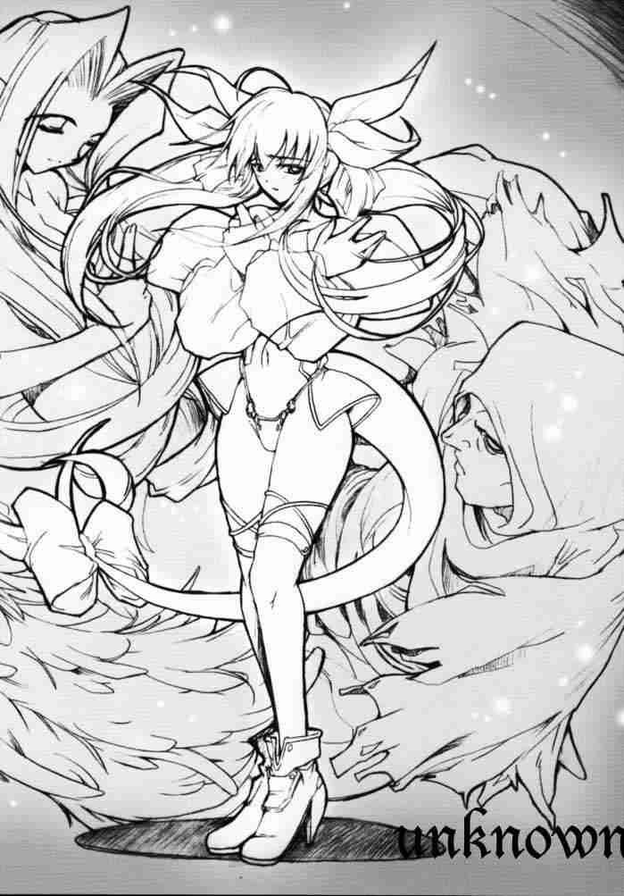 misakura nankotsu, dizzy (guilty gear), necro (guilty gear), undine (guilty gear), arc system works, guilty gear, 1girl, ahoge, asymmetrical wings, boots, crossed arms, greyscale, hair ribbon, high heels, long hair, monochrome, ribbon, shoes, tail, tail ornament, tail ribbon, thighhighs, twintails, wings