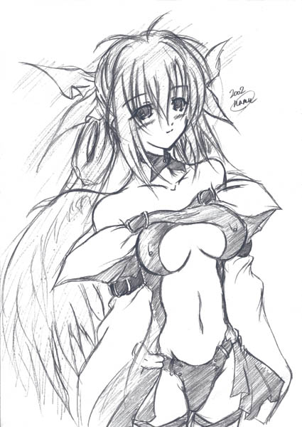 hamu (moeyobaka), dizzy (guilty gear), arc system works, guilty gear, 1girl, female focus, greyscale, monochrome, solo, wings