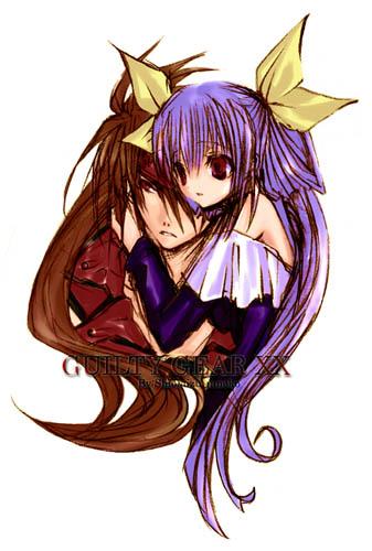dizzy (guilty gear), sol badguy, arc system works, guilty gear, lowres, 1boy, 1girl, brown eyes, brown hair, copyright name, hair ribbon, hetero, hug, parted lips, purple hair, red eyes, ribbon, simple background, teeth, upper body, white background