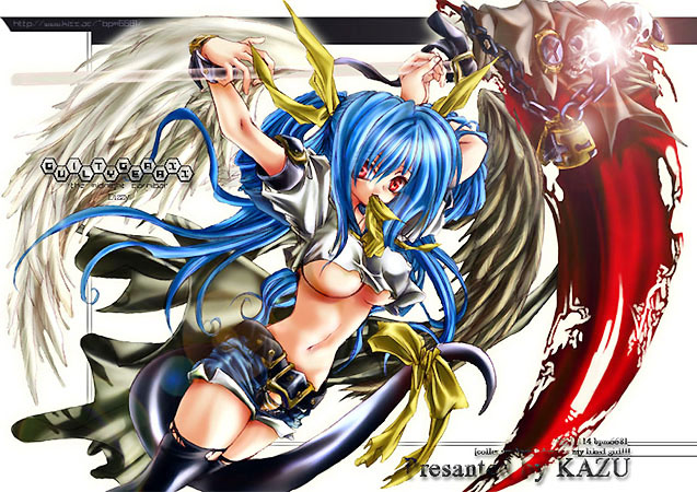 dizzy (guilty gear), arc system works, guilty gear, 1girl, asymmetrical wings, bdsm, blue hair, bondage, bound, female focus, pirate, red eyes, ribbon, scythe, solo, tail, tail ornament, tail ribbon, thighhighs, wings