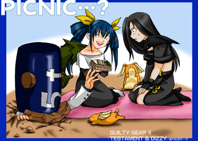 dizzy (guilty gear), faust (guilty gear), testament (guilty gear), arc system works, guilty gear, lowres, 1girl, 2boys, bag, chibi, hammer, multiple boys, paper bag, picnic