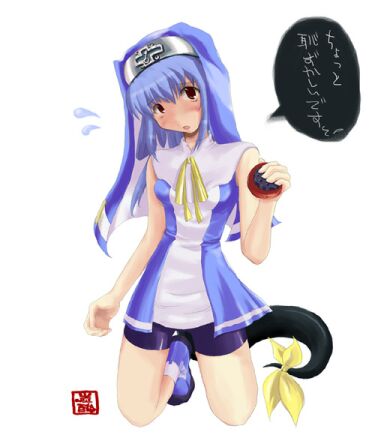 dizzy (guilty gear), arc system works, guilty gear, guilty gear xx, lowres, translated, 1girl, blue hair, blush, bow, bridget (guilty gear) (cosplay), cosplay, crossdressing, crossdressing (ftm), female focus, full body, red eyes, simple background, solo, speech bubble, tail, text focus, white background