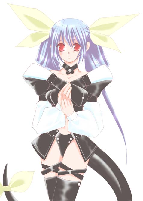 dizzy (guilty gear), arc system works, guilty gear, silver hair, 1girl, black boots, bodysuit, boots, choker, collarbone, female focus, frown, hair ribbon, looking at viewer, navel, own hands together, red eyes, ribbon, short hair, simple background, solo, thighhighs, white background