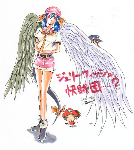dizzy (guilty gear), johnny (guilty gear), may (guilty gear), arc system works, guilty gear, guilty gear x, guilty gear xx, asymmetrical wings, bandana, blue hair, chibi, pirate, red eyes, ribbon, school uniform, serafuku, shorts, tail, tail ornament, tail ribbon, wings