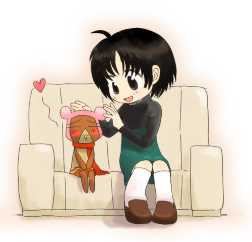 yurihi koi, kenta, ku-chan, animal yokochou, lowres, 00s, 1girl, black hair, blush, couch, female focus, heart, short hair, sitting, smile, solo, spoken heart