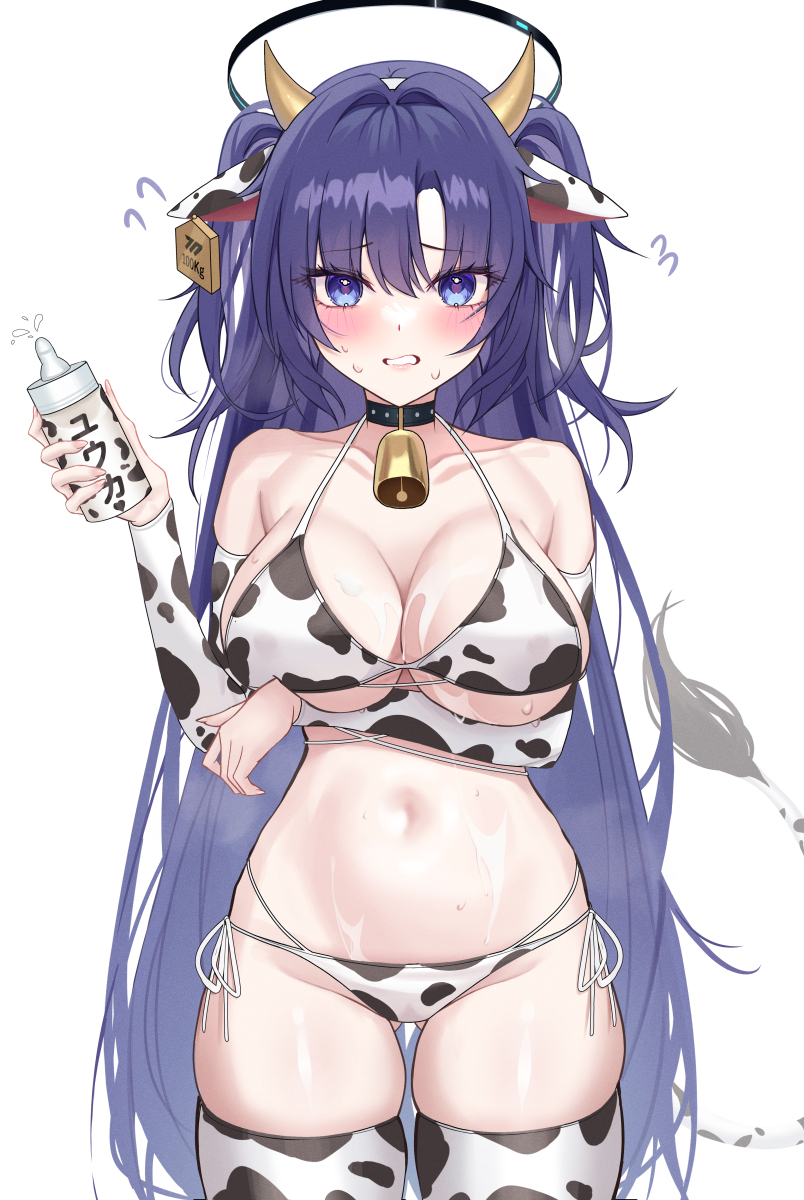 melt (melt out1), yuuka (blue archive), blue archive, commentary request, highres, 1girl, alternate costume, animal print, baby bottle, bikini, black halo, bottle, breasts, cow horns, cow print, cow print bikini, cow print thighhighs, detached sleeves, fake horns, halo, holding, holding bottle, horns, large breasts, looking at viewer, navel, print bikini, print thighhighs, simple background, solo, sweat, swimsuit, thighhighs, two side up, white background, white sleeves, white thighhighs