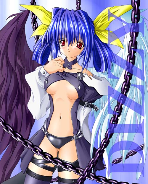 dizzy (guilty gear), arc system works, guilty gear, 1girl, asymmetrical wings, bad anatomy, blue hair, chain, female focus, poorly drawn, red eyes, solo, thighhighs, wings