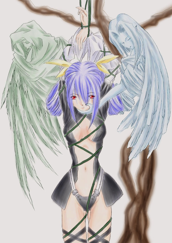 dizzy (guilty gear), necro (guilty gear), undine (guilty gear), arc system works, guilty gear, 1girl, arms up, asymmetrical wings, bad anatomy, bdsm, blue hair, bondage, bound, breasts, crotch rope, hair ribbon, plant, poorly drawn, red eyes, ribbon, rope, skull, small breasts, vines, wings