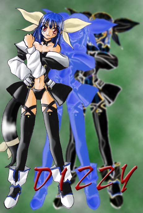dizzy (guilty gear), arc system works, guilty gear, 1girl, blue hair, boots, choker, clenched hand, female focus, hair ribbon, hand on own hip, hip focus, red eyes, ribbon, solo, tail, thighhighs, zoom layer