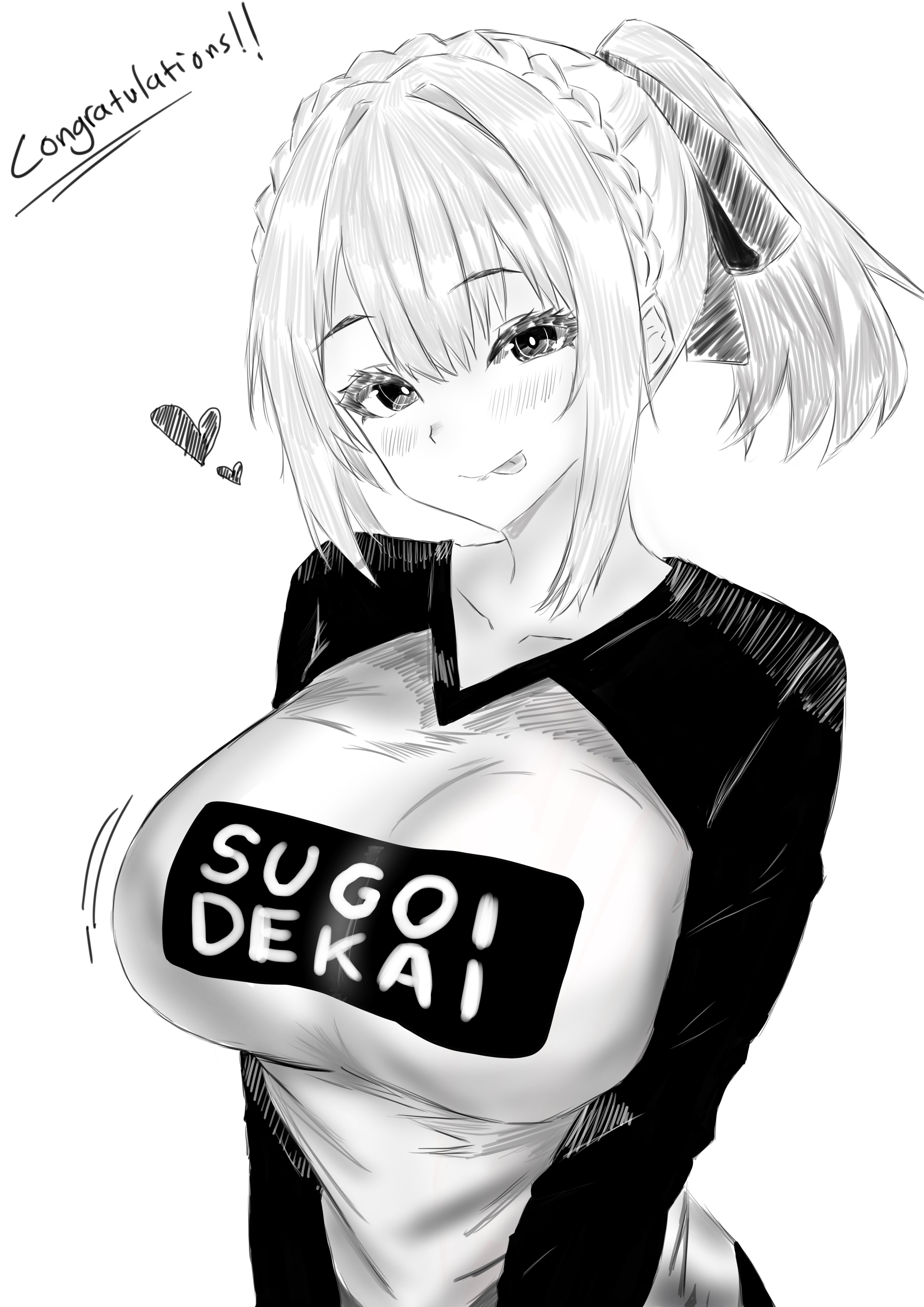 mothinus, suo kazusa, nue no onmyouji, absurdres, highres, 1girl, blush, braid, crown braid, hair ribbon, heart, long sleeves, monochrome, motion lines, ponytail, ribbon, short ponytail, sketch, sugoi dekai, tongue, tongue out