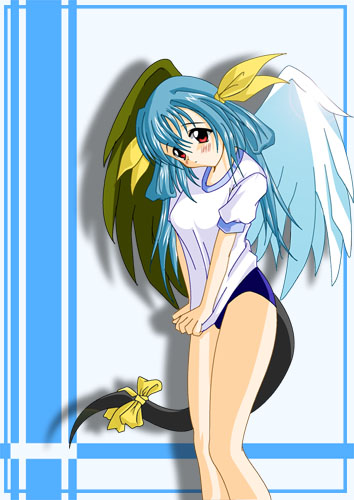 dizzy (guilty gear), arc system works, guilty gear, lowres, 1girl, asymmetrical wings, bad anatomy, blue hair, clothes pull, embarrassed, female focus, gym uniform, long hair, poorly drawn, red eyes, ribbon, shirt pull, shirt tug, solo, tail, tail ornament, tail ribbon, twintails, wings
