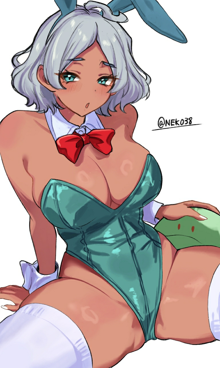 nekomiya mizuki, haro, secelia dote, gundam, gundam suisei no majo, fluffy hair, highres, 1girl, ahoge, animal ears, blush, bow, bowtie, breasts, cleavage, dark-skinned female, dark skin, detached collar, green eyes, green leotard, large breasts, leotard, open mouth, playboy bunny, rabbit ears, red bow, red bowtie, shiny skin, spread legs, thick thighs, thighhighs, thighs, white hair, white nails, white thighhighs, wrist cuffs