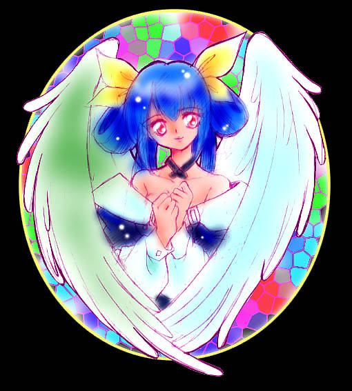 dizzy (guilty gear), arc system works, guilty gear, multicolored background, 1girl, asymmetrical wings, blue hair, female focus, long sleeves, mosaic background, red eyes, solo, wings