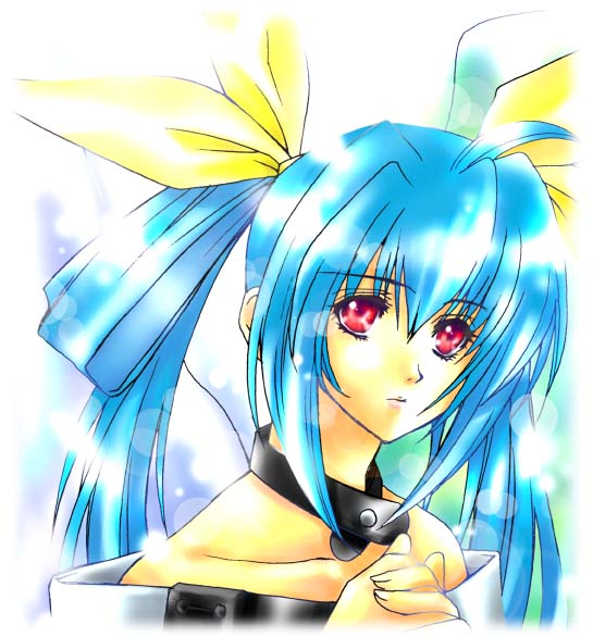 dizzy (guilty gear), arc system works, guilty gear, 1girl, blue hair, choker, expressionless, female focus, hair ribbon, looking at viewer, own hands clasped, own hands together, ribbon, solo