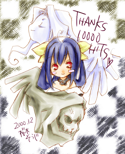 dizzy (guilty gear), necro (guilty gear), undine (guilty gear), arc system works, guilty gear, 1girl, anger vein, asymmetrical wings, blue hair, blush, blush stickers, chibi, chibi only, choker, milestone celebration, red eyes, signature, smile, wings