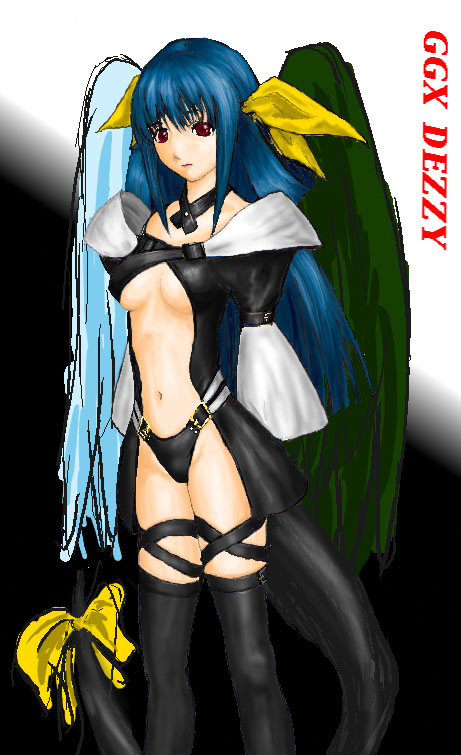 dizzy (guilty gear), arc system works, guilty gear, 1girl, asymmetrical wings, blue hair, female focus, red eyes, ribbon, solo, tail, tail ornament, tail ribbon, thighhighs, wings