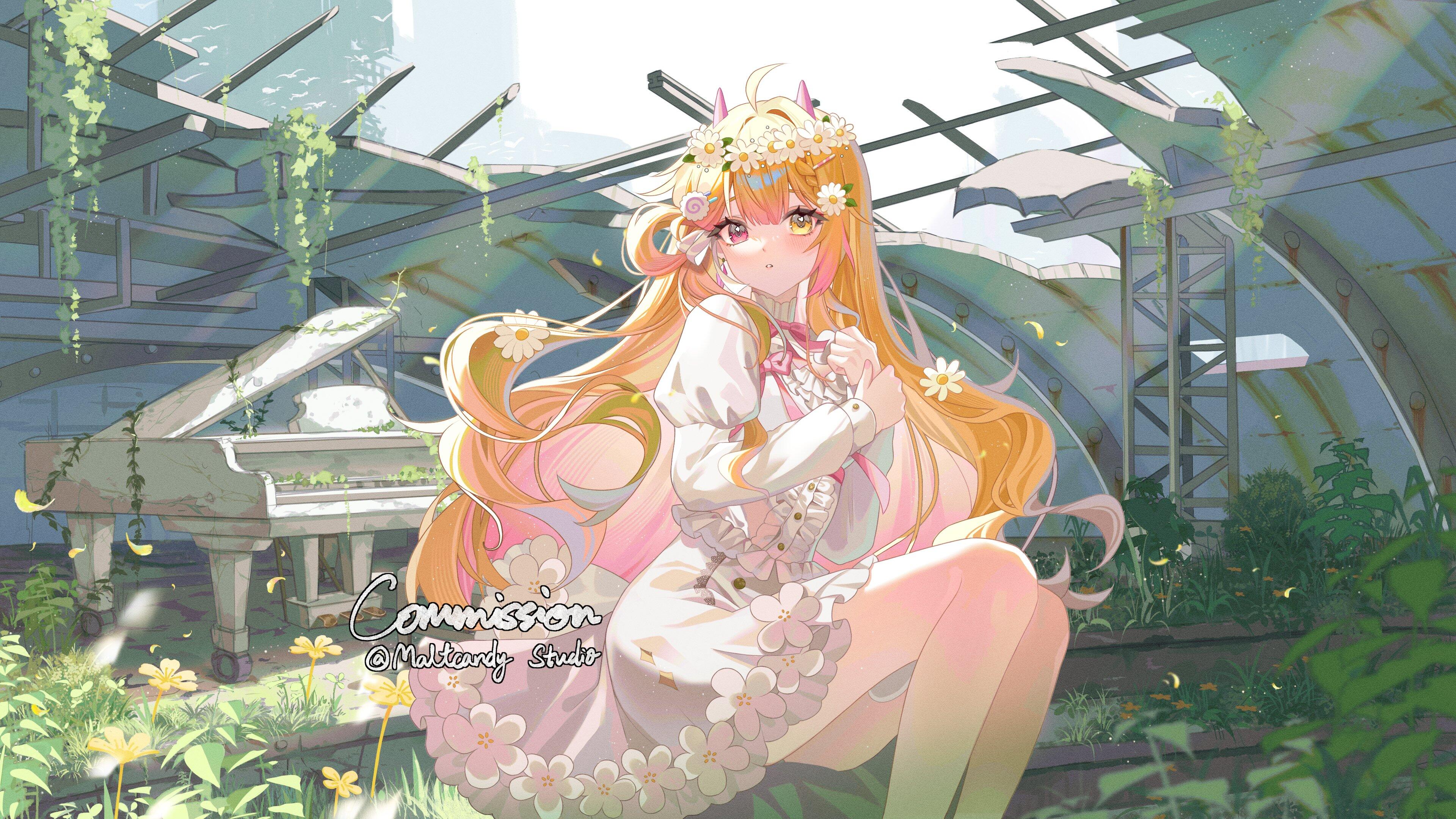 tangdou0402, original, absurdres, bad source, highres, 1girl, ahoge, bare legs, blonde hair, blush, bow, closed mouth, dress, english text, flower, frilled dress, frills, hair flower, hair ornament, heterochromia, instrument, long hair, long sleeves, looking at viewer, multicolored hair, piano, pink eyes, pink hair, plant, puffy sleeves, sitting, smile, solo, very long hair, vines, virtual youtuber, white dress, white flower, yellow eyes