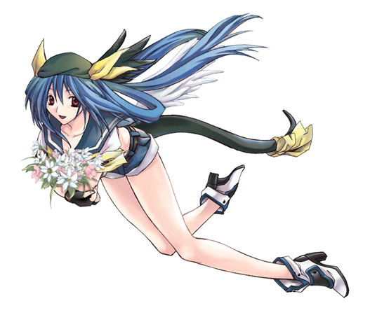 dizzy (guilty gear), arc system works, guilty gear, 1girl, asymmetrical wings, bad anatomy, blue hair, blue sailor collar, female focus, flying, pirate, red eyes, ribbon, sailor collar, solo, tail, tail ornament, tail ribbon, wings