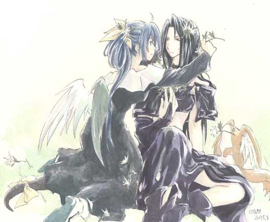 dizzy (guilty gear), testament (guilty gear), arc system works, guilty gear, guilty gear x, guilty gear xx, 1boy, 1girl, androgynous, asymmetrical wings, black hair, blue hair, boots, dress, flower, hair ribbon, ribbon, tail, tail ornament, tail ribbon, wings