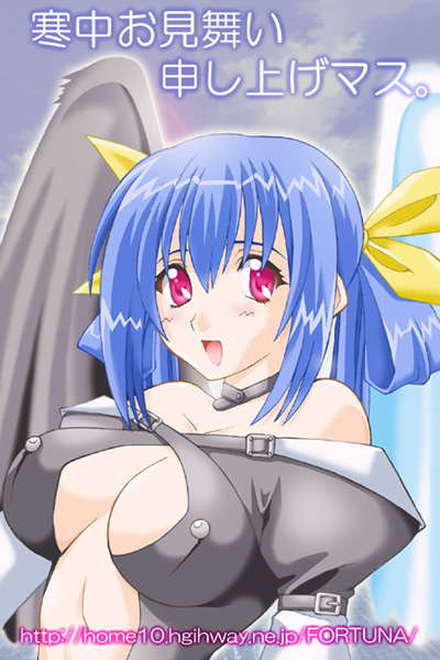 kumashiro izuta, dizzy (guilty gear), arc system works, guilty gear, 1girl, :d, asymmetrical wings, bare shoulders, blue hair, breasts, choker, cleavage, female focus, hair ribbon, large breasts, open mouth, pink eyes, ribbon, smile, solo, wings