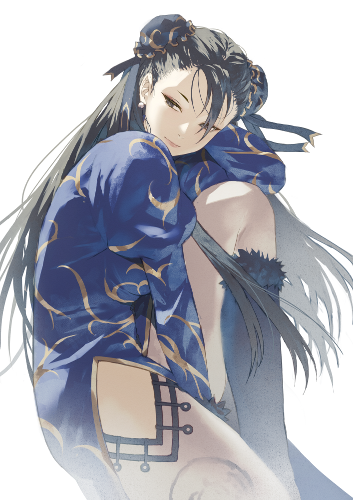fagi (kakikaki), chun-li, capcom, street fighter, 1girl, black hair, blue dress, double bun, dress, earrings, hair bun, jewelry, long hair, looking to the side, smile, solo, white background