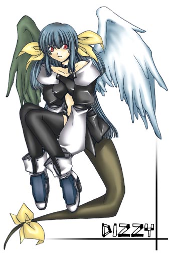 dizzy (guilty gear), arc system works, guilty gear, 1girl, asymmetrical wings, bad anatomy, blue hair, female focus, poorly drawn, red eyes, ribbon, solo, tail, tail ornament, tail ribbon, thighhighs, wings