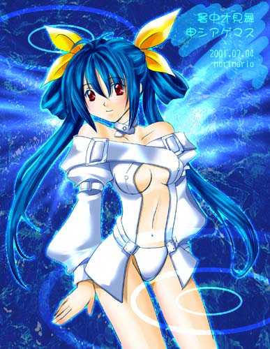 dizzy (guilty gear), arc system works, guilty gear, lowres, 1girl, bad anatomy, bare shoulders, blue hair, blush, bodysuit, clothing cutout, collarbone, female focus, hair ribbon, navel, navel cutout, poorly drawn, red eyes, ribbon, smile, solo