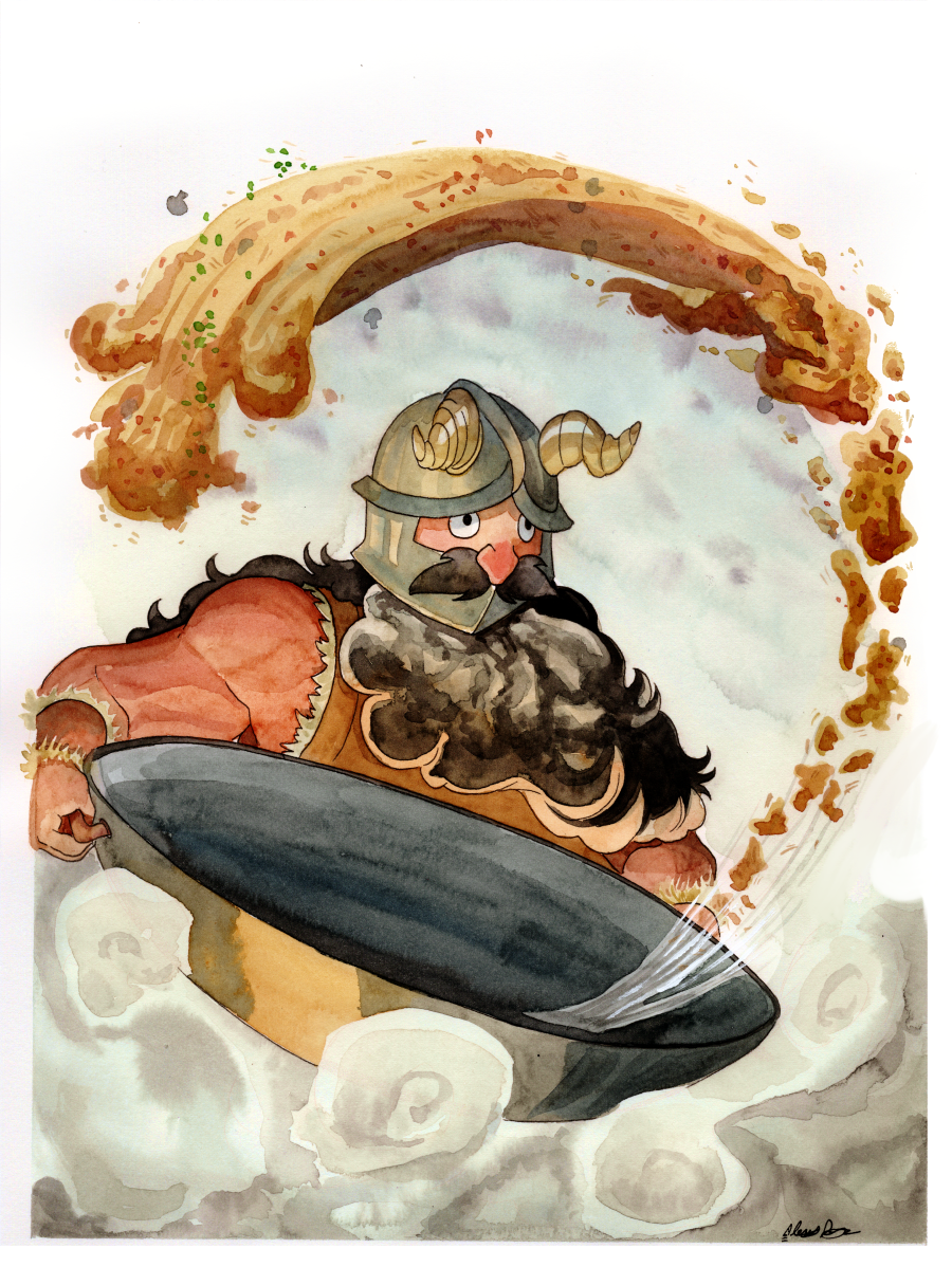 alexis royce, senshi (dungeon meshi), dungeon meshi, 1boy, beard, beard over mouth, black eyes, black hair, cooking, dwarf, facial hair, fake horns, food, fried rice, helmet, horned helmet, horns, long beard, male focus, muscular, muscular male, mustache, solo, thick mustache, very long beard, wok