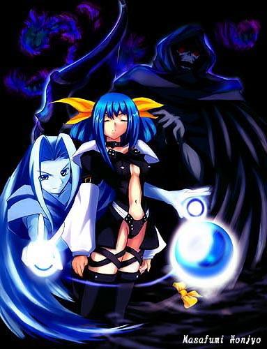 dizzy (guilty gear), necro (guilty gear), undine (guilty gear), arc system works, guilty gear, lowres, 1girl, asymmetrical wings, blue hair, closed eyes, ribbon, tail, tail ornament, tail ribbon, thighhighs, wings