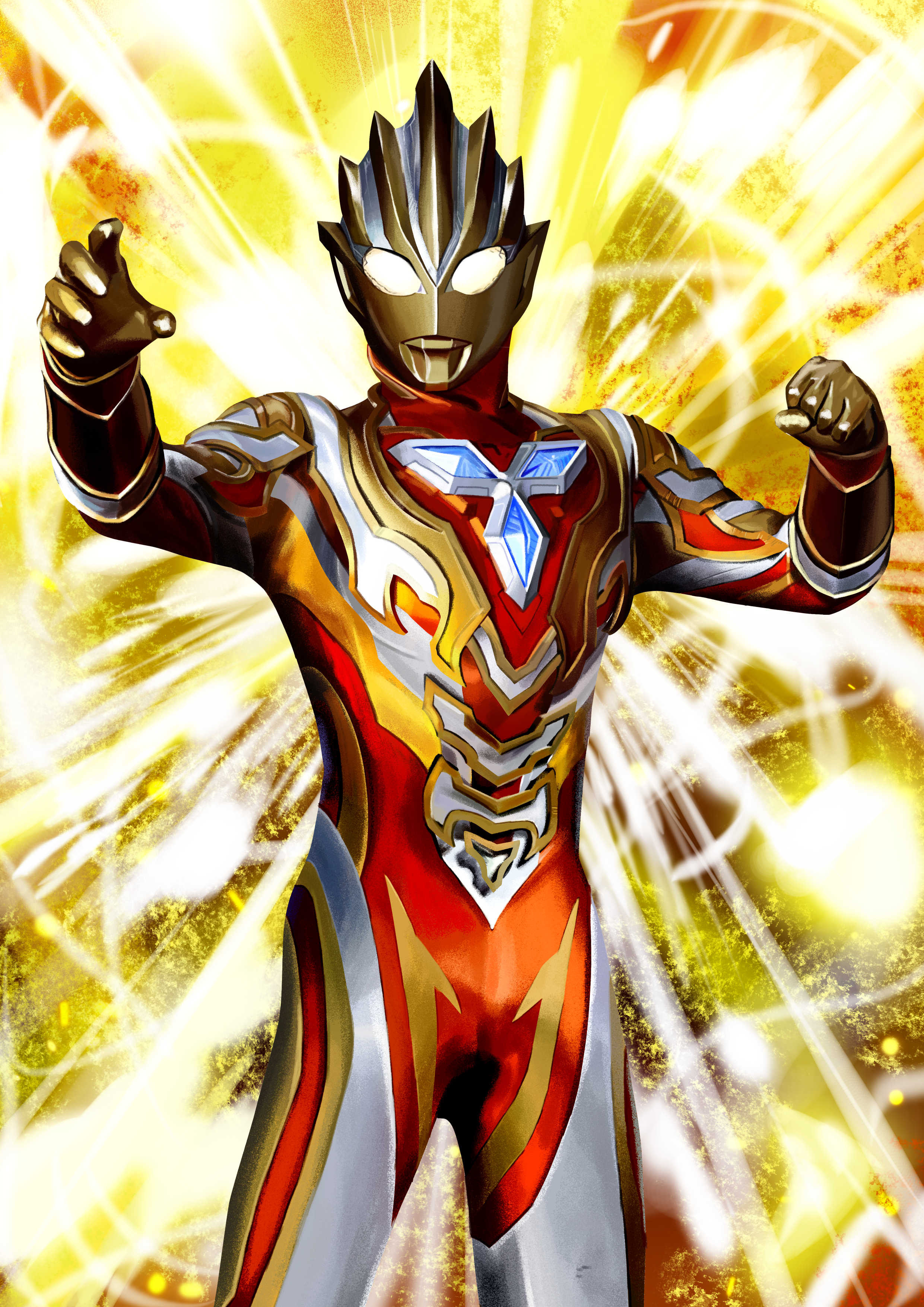 4ze meteor, ultraman trigger, ultraman trigger (glitter trigger eternity), ultra series, ultraman trigger (series), absurdres, commentary, highres, mixed-language commentary, 1boy, alien, arm guards, armor, breastplate, clenched hand, color timer, colored skin, compound eyes, cowboy shot, curled fingers, dorsal fin, energy, fighting stance, glowing, glowing eyes, gold skin, gold trim, hands up, legs apart, looking at viewer, male focus, multicolored skin, orange skin, outstretched arm, pectorals, shoulder armor, silver skin, solo, standing, tokusatsu, toned, toned male, wrinkled skin, yellow background, yellow eyes, yellow skin