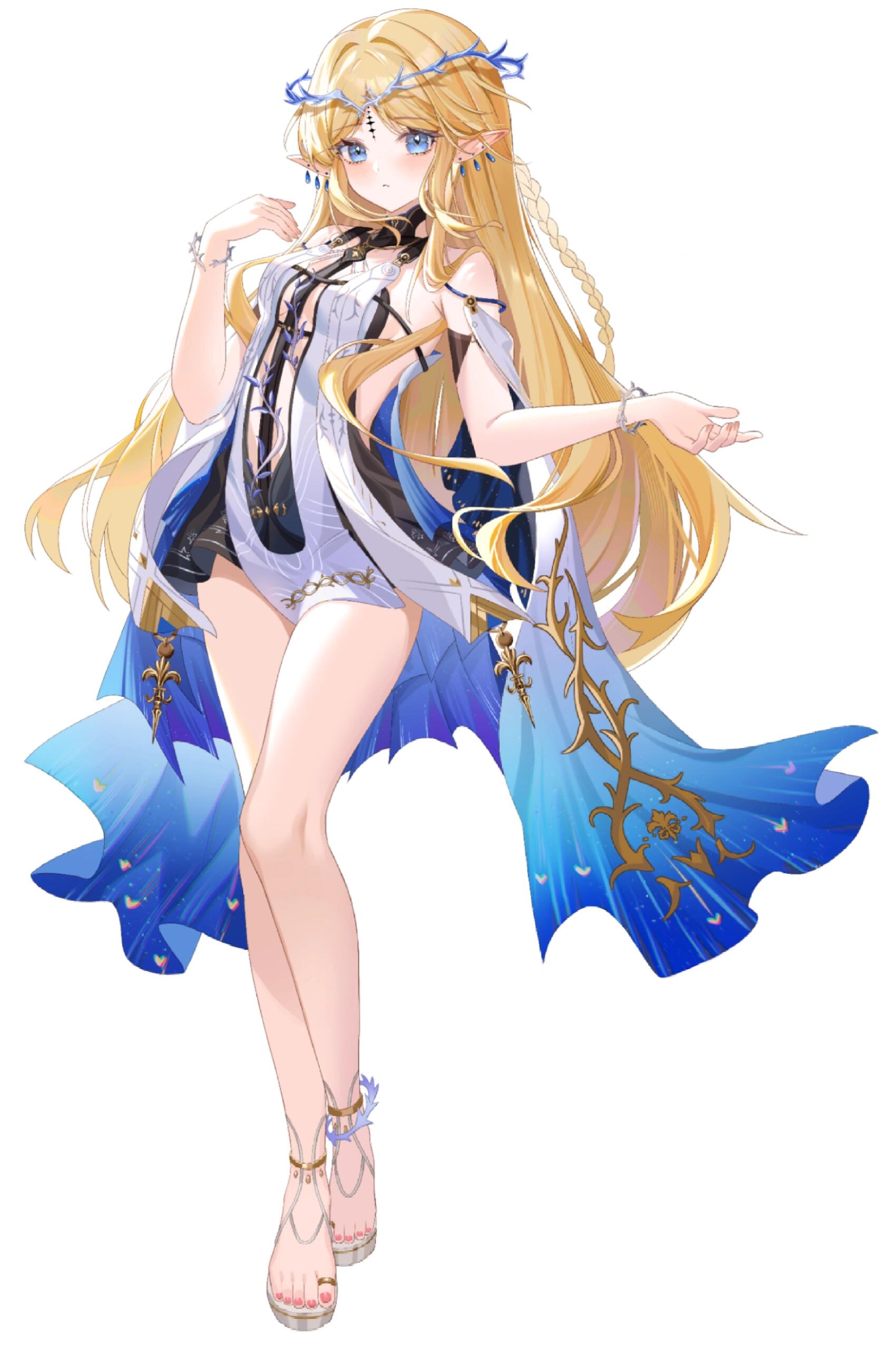 tangdou0402, cartethyia (wuthering waves), wuthering waves, absurdres, bad source, highres, 1girl, bare shoulders, blonde hair, blue eyes, blush, bracelet, braid, breasts, dress, full body, hand up, jewelry, long hair, looking at viewer, navel, pointy ears, sandals, simple background, smile, solo, standing, very long hair, white background, white dress
